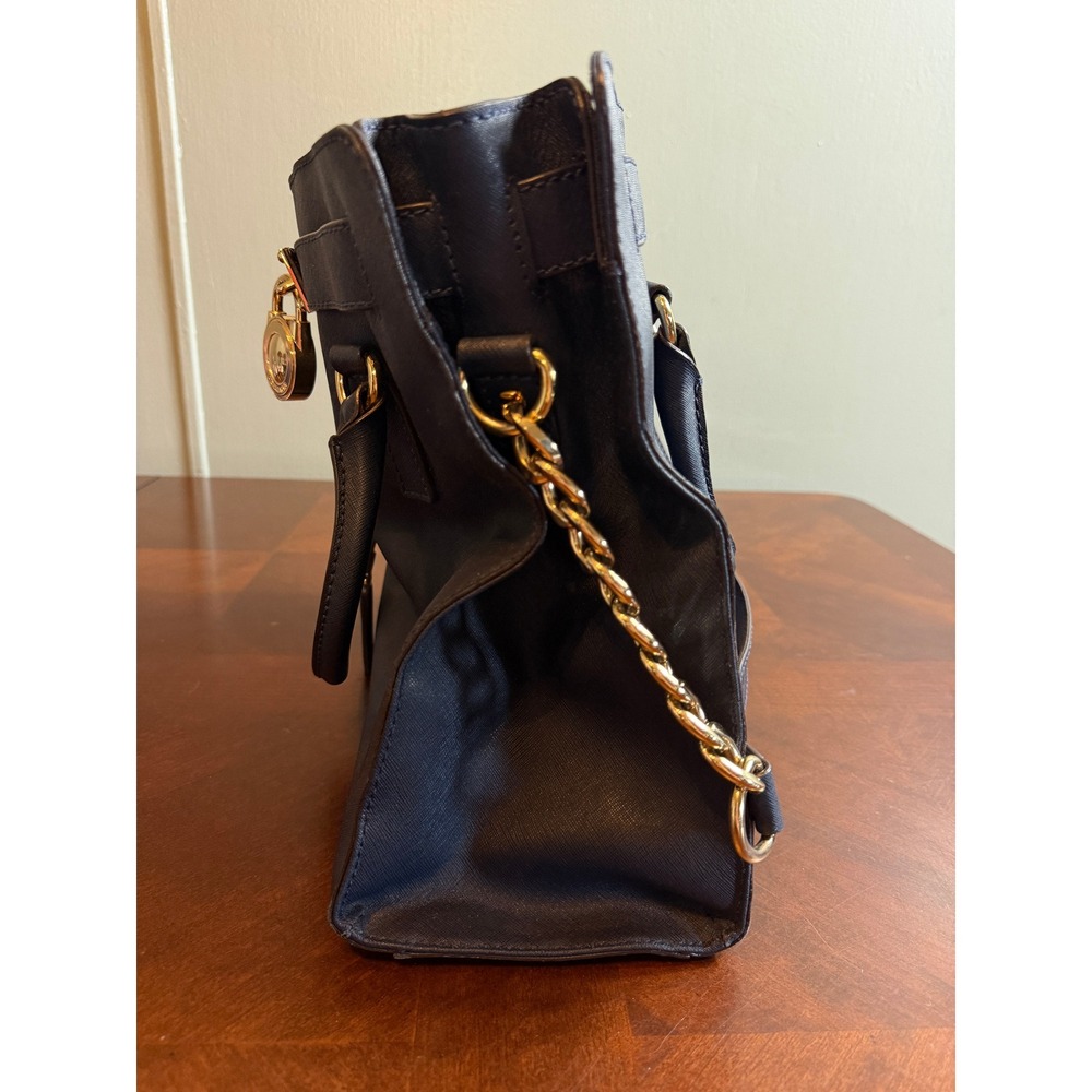 Michael Kors Hamilton Satchel Navy Blue Saffiano Leather Gold Padlock Handbag - Picture 10 of 11